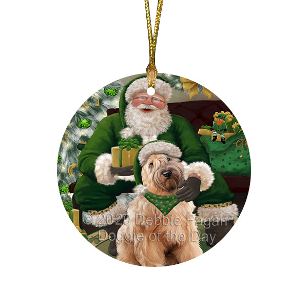 Christmas Irish Santa with Gift and Wheaten Terrier Dog Round Flat Christmas Ornament RFPOR57984