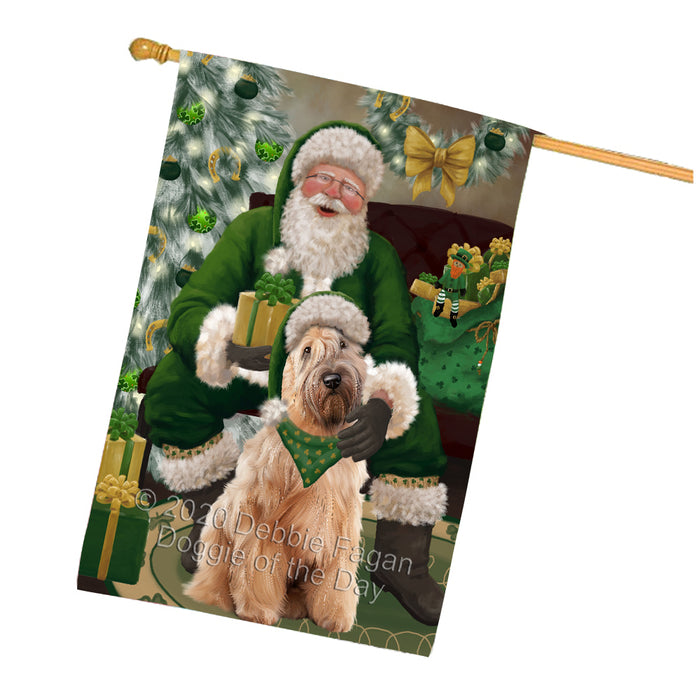 Christmas Irish Santa with Gift and Wheaten Terrier Dog House Flag FLG66756