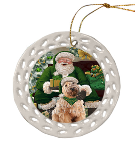 Christmas Irish Santa with Gift and Wheaten Terrier Dog Doily Ornament DPOR59546