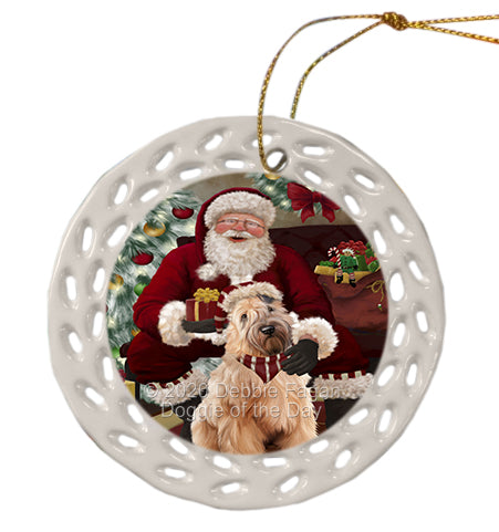 Santa's Christmas Surprise Wheaten Terrier Dog Doily Ornament DPOR59644