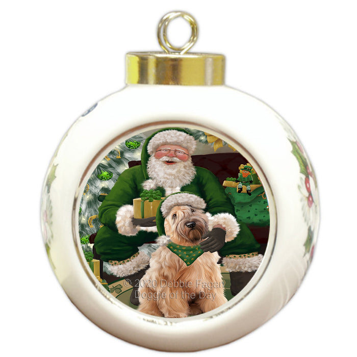 Christmas Irish Santa with Gift and Wheaten Terrier Dog Round Ball Christmas Ornament RBPOR57984