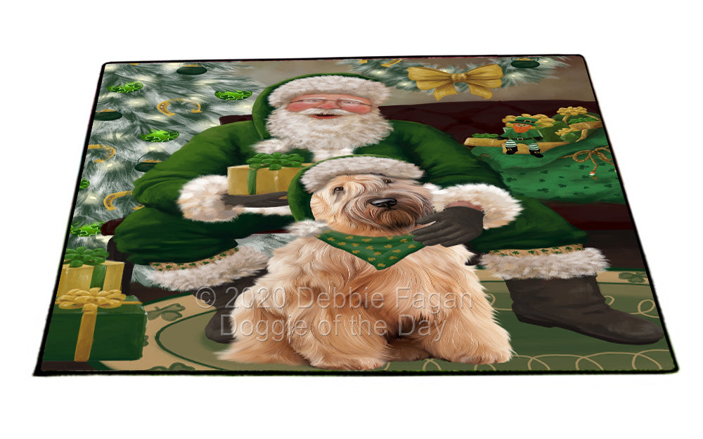 Christmas Irish Santa with Gift and Wheaten Terrier Dog Indoor/Outdoor Welcome Floormat - Premium Quality Washable Anti-Slip Doormat Rug FLMS57325