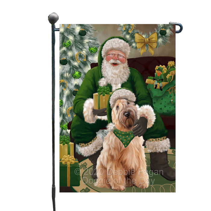 Christmas Irish Santa with Gift and Wheaten Terrier Dog Garden Flag GFLG66700