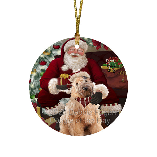 Santa's Christmas Surprise Wheaten Terrier Dog Round Flat Christmas Ornament RFPOR58082