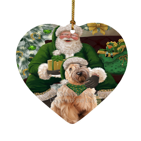 Christmas Irish Santa with Gift and Wheaten Terrier Dog Heart Christmas Ornament RFPOR58326