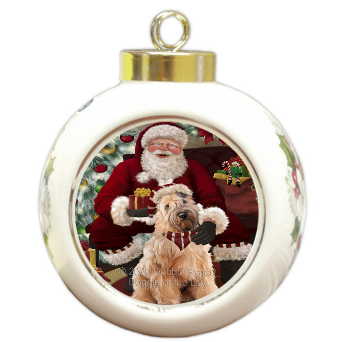 Santa's Christmas Surprise Wheaten Terrier Dog Round Ball Christmas Ornament RBPOR58082