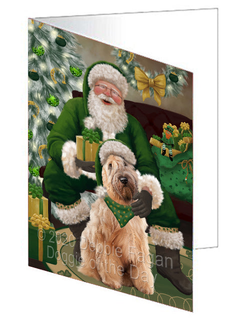 Christmas Irish Santa with Gift and Wheaten Terrier Dog Handmade Artwork Assorted Pets Greeting Cards and Note Cards with Envelopes for All Occasions and Holiday Seasons GCD76022