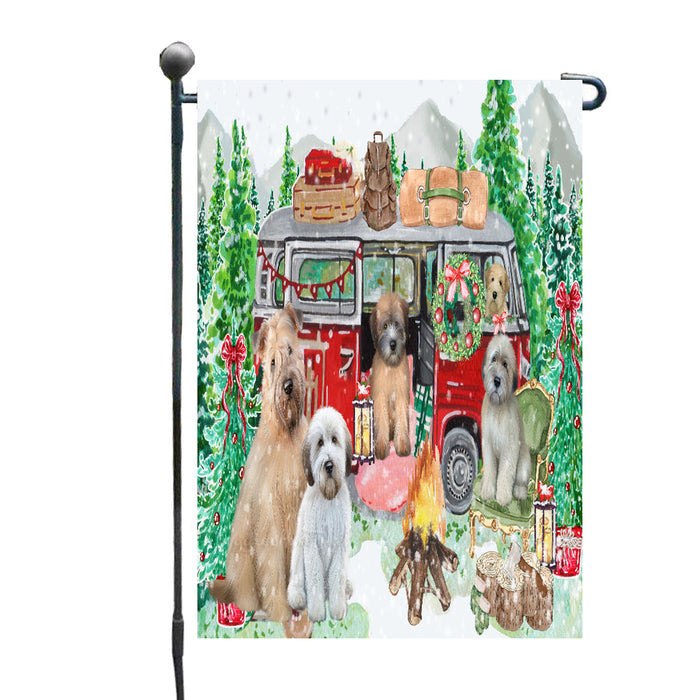 Christmas Time Camping with Wheaten Terrier Dogs Garden Flags- Outdoor Double Sided Garden Yard Porch Lawn Spring Decorative Vertical Home Flags 12 1/2"w x 18"h