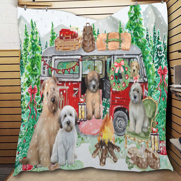 Christmas Time Camping with Wheaten Terrier Dogs  Quilt Bed Coverlet Bedspread - Pets Comforter Unique One-side Animal Printing - Soft Lightweight Durable Washable Polyester Quilt