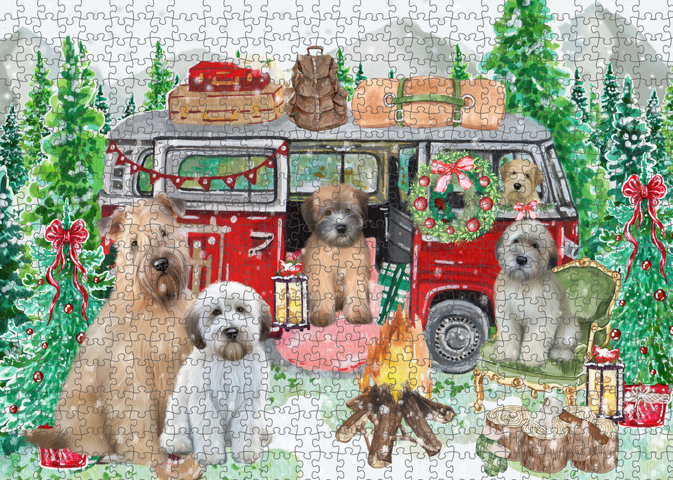 Christmas Time Camping with Wheaten Terrier Dogs Portrait Jigsaw Puzzle for Adults Animal Interlocking Puzzle Game Unique Gift for Dog Lover's with Metal Tin Box