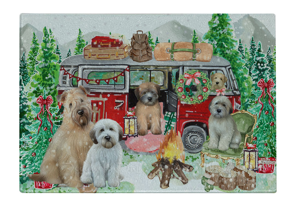 Christmas Time Camping with Wheaten Terrier Dogs Cutting Board - For Kitchen - Scratch & Stain Resistant - Designed To Stay In Place - Easy To Clean By Hand - Perfect for Chopping Meats, Vegetables