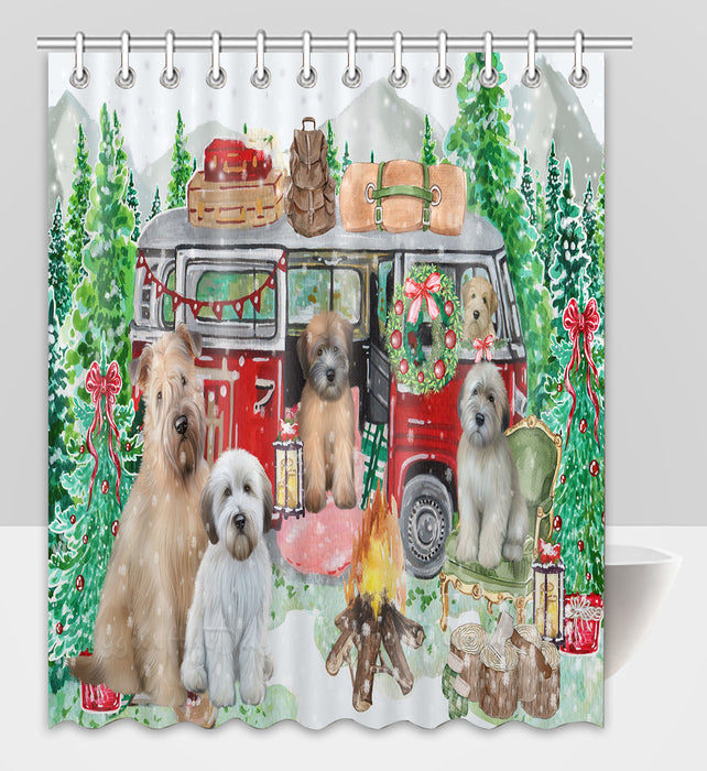 Christmas Time Camping with Wheaten Terrier Dogs Shower Curtain Pet Painting Bathtub Curtain Waterproof Polyester One-Side Printing Decor Bath Tub Curtain for Bathroom with Hooks