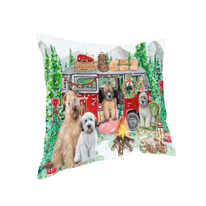 Christmas Time Camping with Wheaten Terrier Dogs Pillow with Top Quality High-Resolution Images - Ultra Soft Pet Pillows for Sleeping - Reversible & Comfort - Ideal Gift for Dog Lover - Cushion for Sofa Couch Bed - 100% Polyester