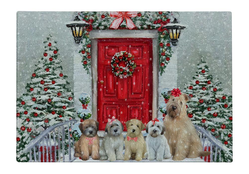 Christmas Holiday Welcome Wheaten Terrier Dogs Cutting Board - For Kitchen - Scratch & Stain Resistant - Designed To Stay In Place - Easy To Clean By Hand - Perfect for Chopping Meats, Vegetables