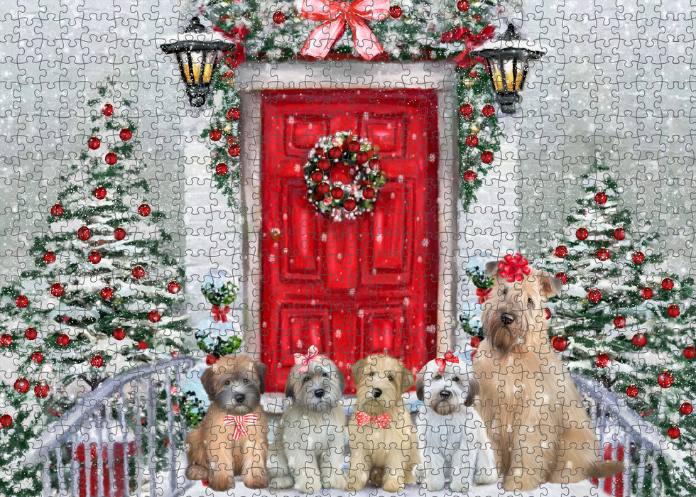Christmas Holiday Welcome Wheaten Terrier Dogs Portrait Jigsaw Puzzle for Adults Animal Interlocking Puzzle Game Unique Gift for Dog Lover's with Metal Tin Box