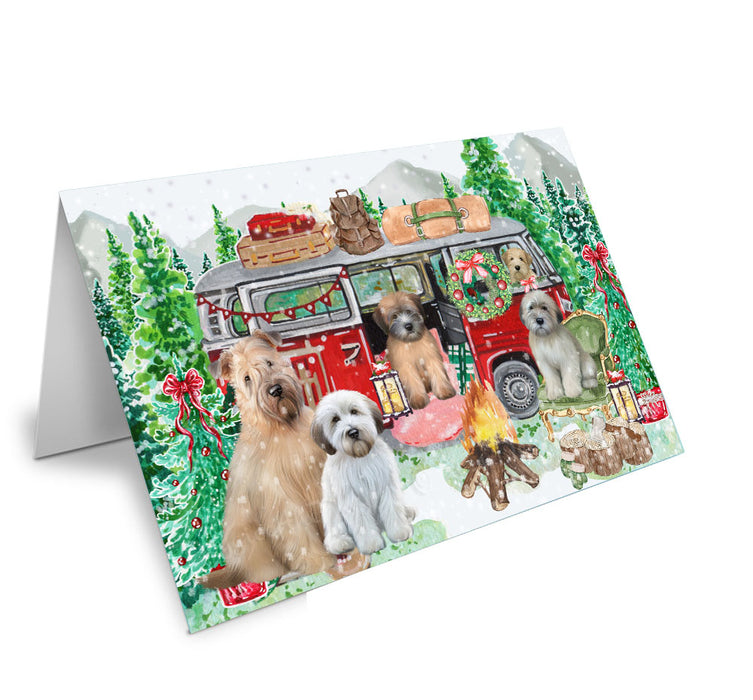 Christmas Time Camping with Wheaten Terrier Dogs Handmade Artwork Assorted Pets Greeting Cards and Note Cards with Envelopes for All Occasions and Holiday Seasons