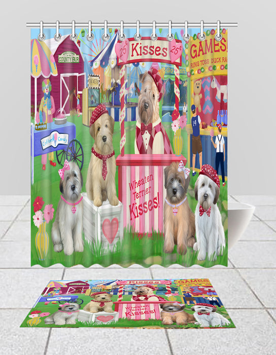 Carnival Kissing Booth Wheaten Terrier Dogs  Bath Mat and Shower Curtain Combo