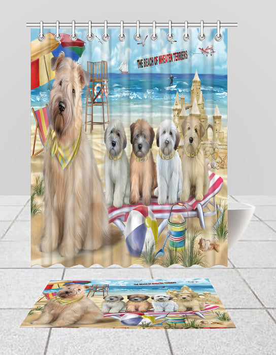 Pet Friendly Beach Wheaten Terrier Dogs Bath Mat and Shower Curtain Combo