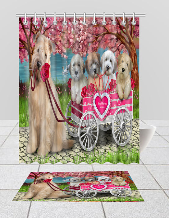 I Love Wheaten Terrier Dogs in a Cart Bath Mat and Shower Curtain Combo