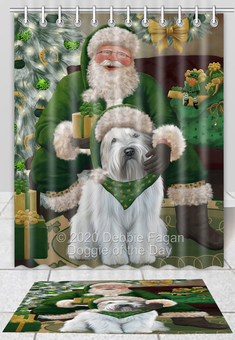 Christmas Irish Santa with Gift Wheaten Terrier Dog Bath Mat and Shower Curtain Combo