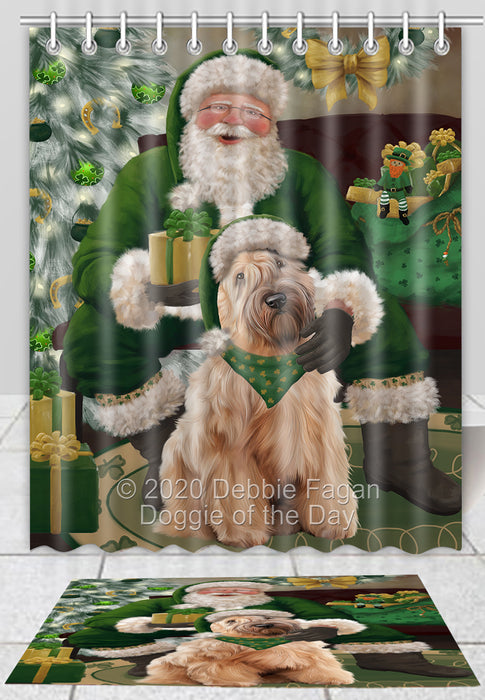Christmas Irish Santa with Gift Wheaten Terrier Dog Bath Mat and Shower Curtain Combo