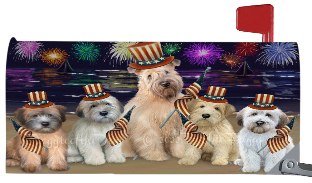 4th of July Independence Day Wheaten Terrier Dogs Magnetic Mailbox Cover Both Sides Pet Theme Printed Decorative Letter Box Wrap Case Postbox Thick Magnetic Vinyl Material