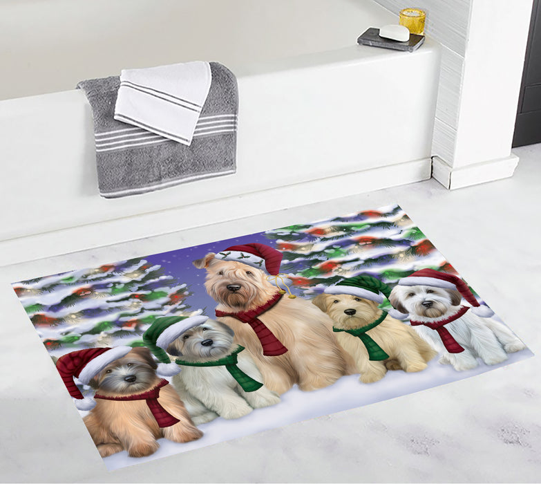 Wheaten Terrier Dogs Christmas Family Portrait in Holiday Scenic Background Bath Mat