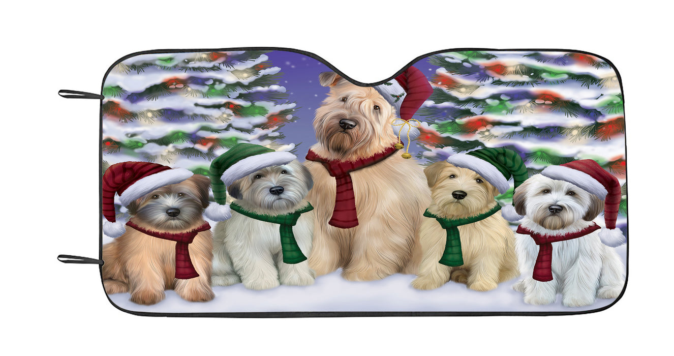 Wheaten Terrier Dogs Christmas Family Portrait in Holiday Scenic Background Car Sun Shade