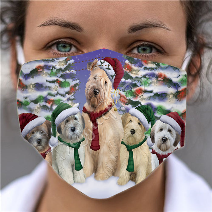 Wheaten Terrier Dogs Christmas Family Portrait in Holiday Scenic Background Face Mask FM48391