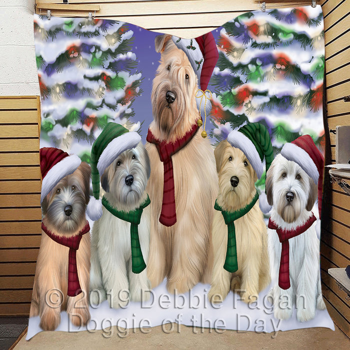Wheaten Terrier Dogs Christmas Family Portrait in Holiday Scenic Background Quilt