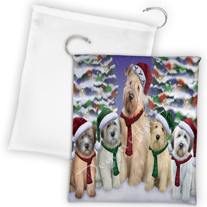 Wheaten Terrier Dogs Christmas Family Portrait in Holiday Scenic Background Drawstring Laundry or Gift Bag LGB48189