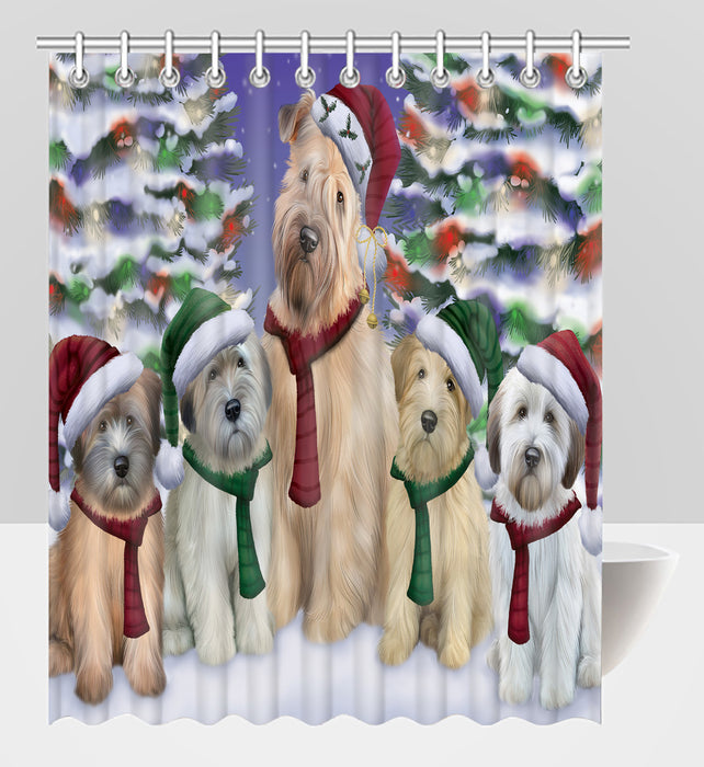 Wheaten Terrier Dogs Christmas Family Portrait in Holiday Scenic Background Shower Curtain