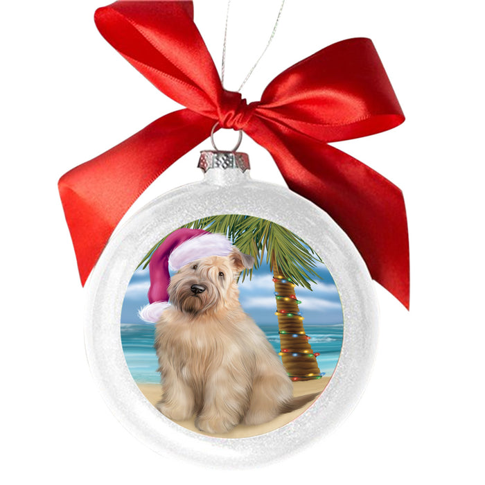 Summertime Happy Holidays Christmas Wheaten Terrier Dog on Tropical Island Beach White Round Ball Christmas Ornament WBSOR49406