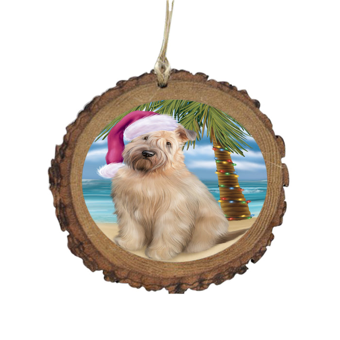 Summertime Happy Holidays Christmas Wheaten Terrier Dog on Tropical Island Beach Wooden Christmas Ornament WOR49406