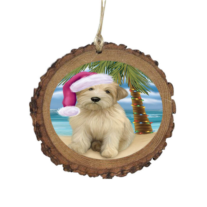 Summertime Happy Holidays Christmas Wheaten Terrier Dog on Tropical Island Beach Wooden Christmas Ornament WOR49409