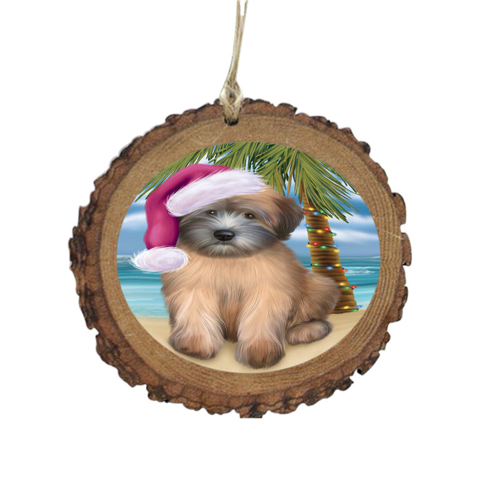 Summertime Happy Holidays Christmas Wheaten Terrier Dog on Tropical Island Beach Wooden Christmas Ornament WOR49407