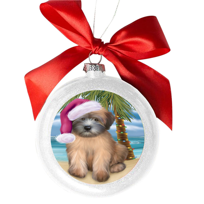 Summertime Happy Holidays Christmas Wheaten Terrier Dog on Tropical Island Beach White Round Ball Christmas Ornament WBSOR49407