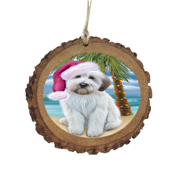 Summertime Happy Holidays Christmas Wheaten Terrier Dog on Tropical Island Beach Wooden Christmas Ornament WOR49408