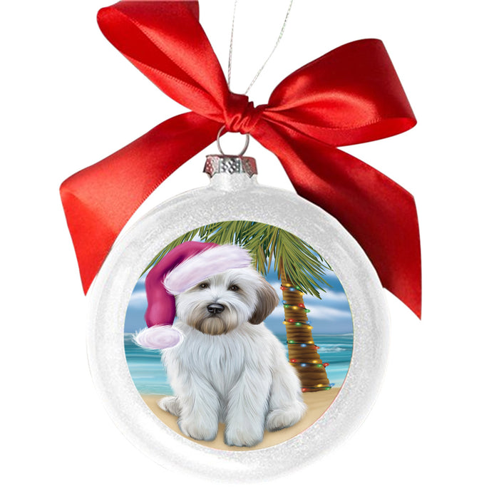 Summertime Happy Holidays Christmas Wheaten Terrier Dog on Tropical Island Beach White Round Ball Christmas Ornament WBSOR49408