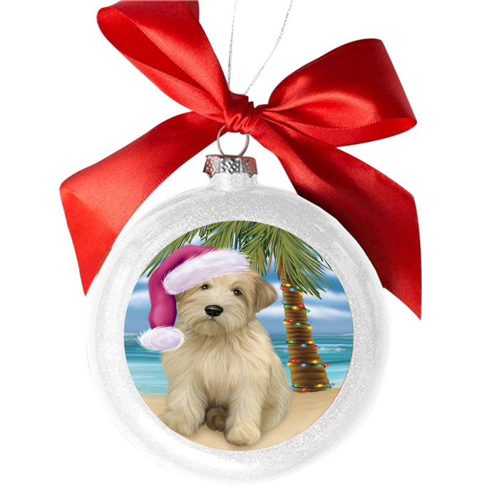 Summertime Happy Holidays Christmas Wheaten Terrier Dog on Tropical Island Beach White Round Ball Christmas Ornament WBSOR49409