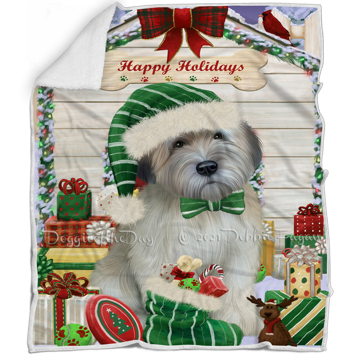 Happy Holidays Christmas Wheaten Terrier House with Presents Blanket BLNKT142146