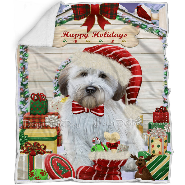 Happy Holidays Christmas Wheaten Terrier House with Presents Blanket BLNKT142148