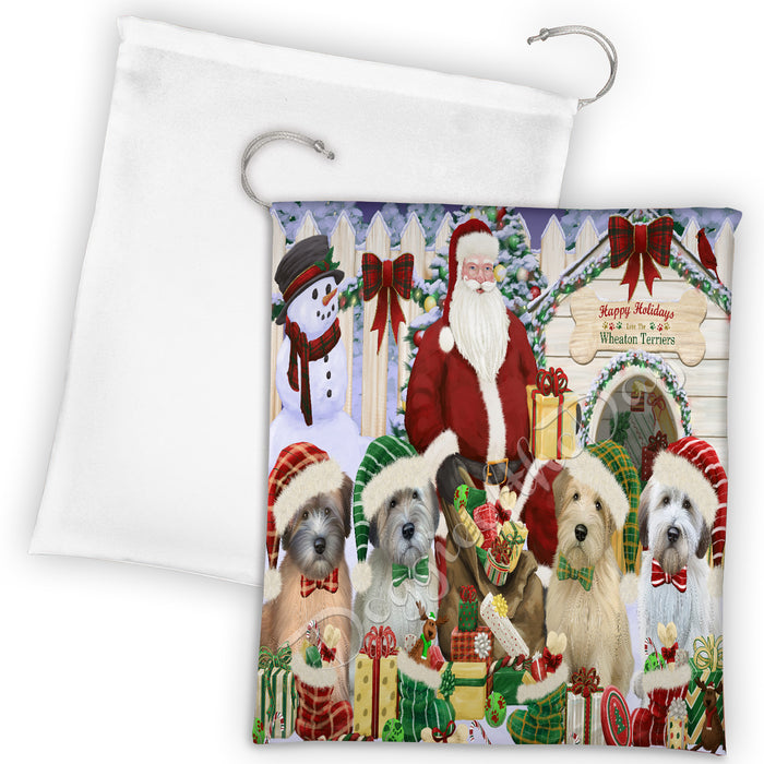 Happy Holidays Christmas Wheaten Terrier Dogs House Gathering Drawstring Laundry or Gift Bag LGB48093