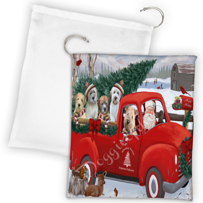 Christmas Santa Express Delivery Red Truck Wheaton Terrier Dogs Drawstring Laundry or Gift Bag LGB48354