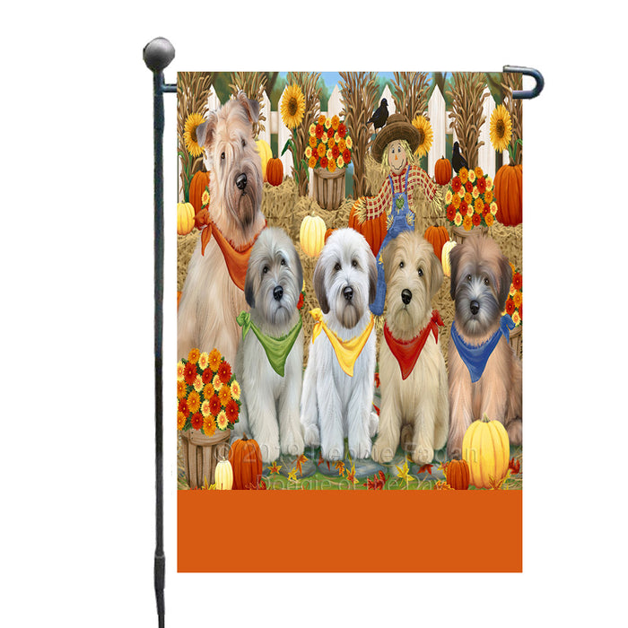 Personalized Fall Festive Gathering Wheaten Terrier Dogs with Pumpkins Custom Garden Flags GFLG-DOTD-A62099