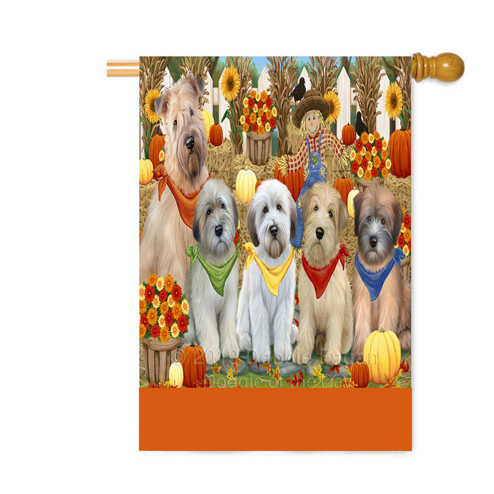 Personalized Fall Festive Gathering Wheaten Terrier Dogs with Pumpkins Custom House Flag FLG-DOTD-A62155