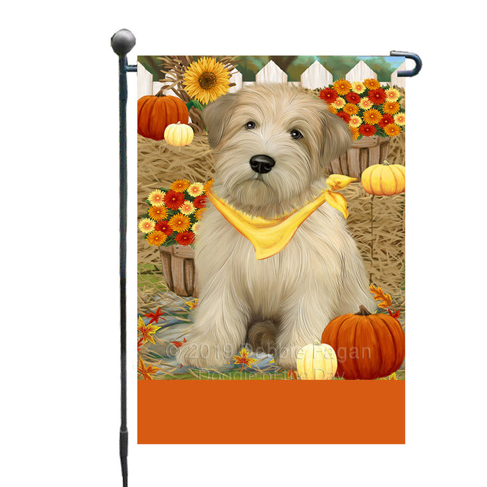 Personalized Fall Autumn Greeting Wheaten Terrier Dog with Pumpkins Custom Garden Flags GFLG-DOTD-A62100