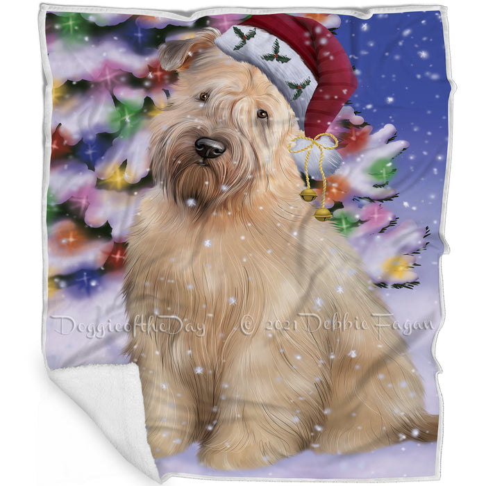 Winterland Wonderland Wheaten Terrier Dog In Christmas Holiday Scenic Background Blanket BLNKT101415