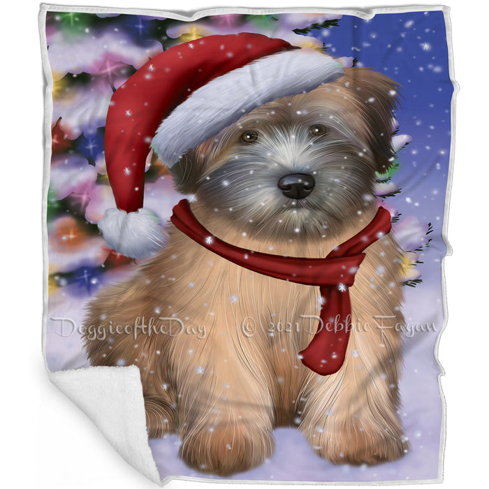 Winterland Wonderland Wheaten Terrier Dog In Christmas Holiday Scenic Background Blanket BLNKT101424