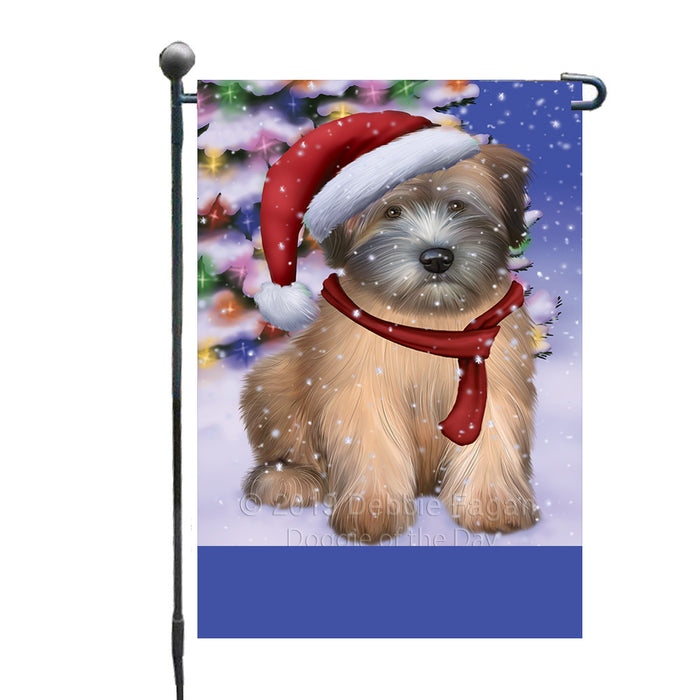 Personalized Winterland Wonderland Wheaten Terrier Dog In Christmas Holiday Scenic Background Custom Garden Flags GFLG-DOTD-A61437